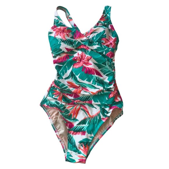 Kona Sol Tropical One-Piece Swimsuit With Ruched Detail & Cutout Back Size Small - Picture 1 of 13